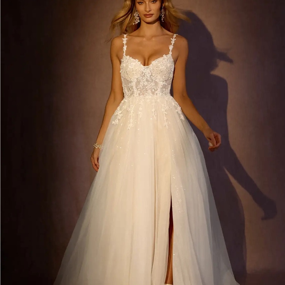 Azazie White and Champagne Embellished Tiered Gown for Weddings